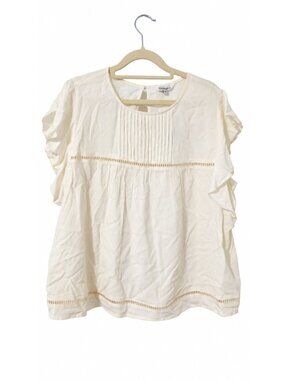 George Womens L Ivory Blouse Flutter Sleeve Pleated Boho Crochet Trim Top NWT